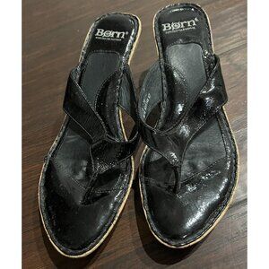 BORN Black Leather Sandals Cork Wedge Heels Slide-On Thongs Patent Women's Sz 9